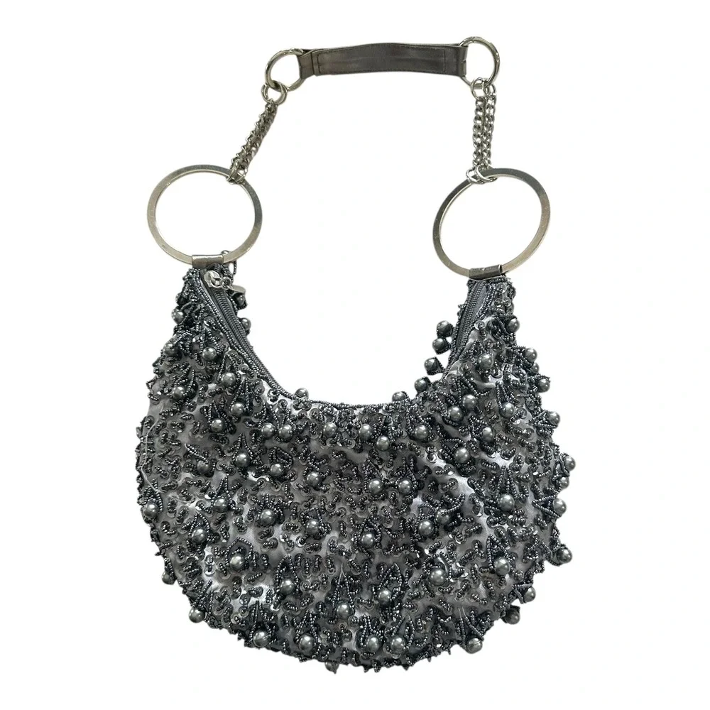 Vintage Silver Beaded Sequin Hobo Bag Chain Ring Handle Evening Purse Mini